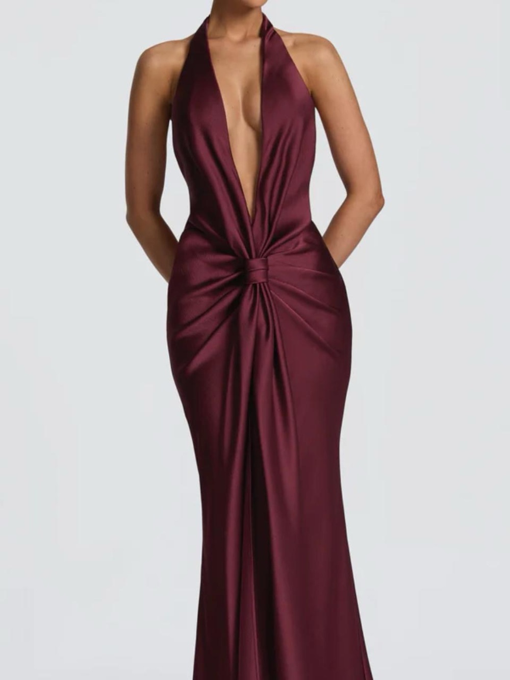 Halter Knot-Front Satin Prom Gown in Deep Burgundy